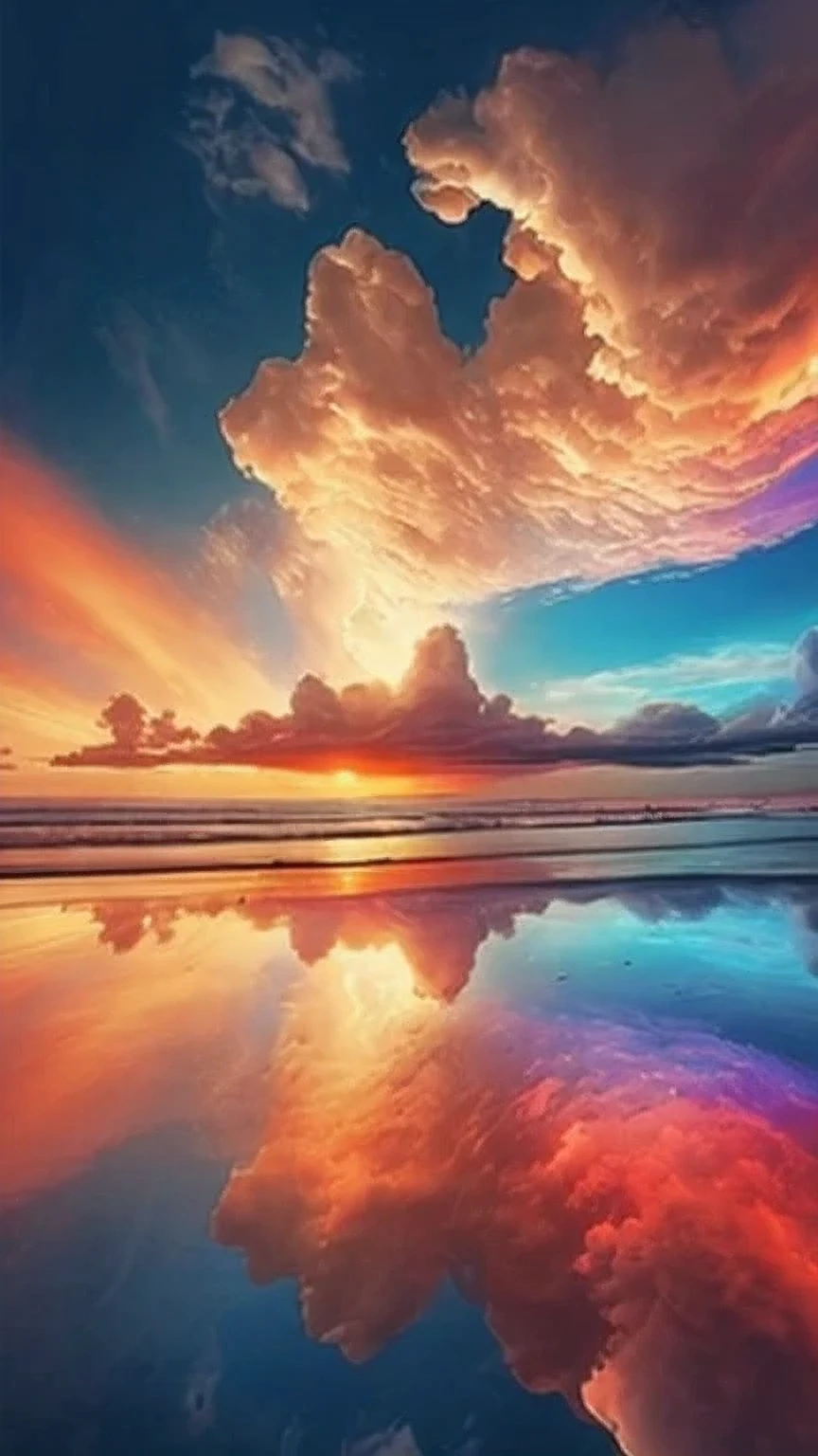 Sunset reflected on the beach,There are clouds and water, stunning colors, stunning sky, vividly Beautiful colors, stunning sky, incredible colors, amazing colors, Beautiful and colorful, stunning colors, Create a brilliant sky, Beautiful colors, colorful sunset, Beautiful bright colors, amazing colors, colorful sky, beautiful sky, stunning sunset, colorful sky, colorful sky, heavenly colors, very colorful heavenly