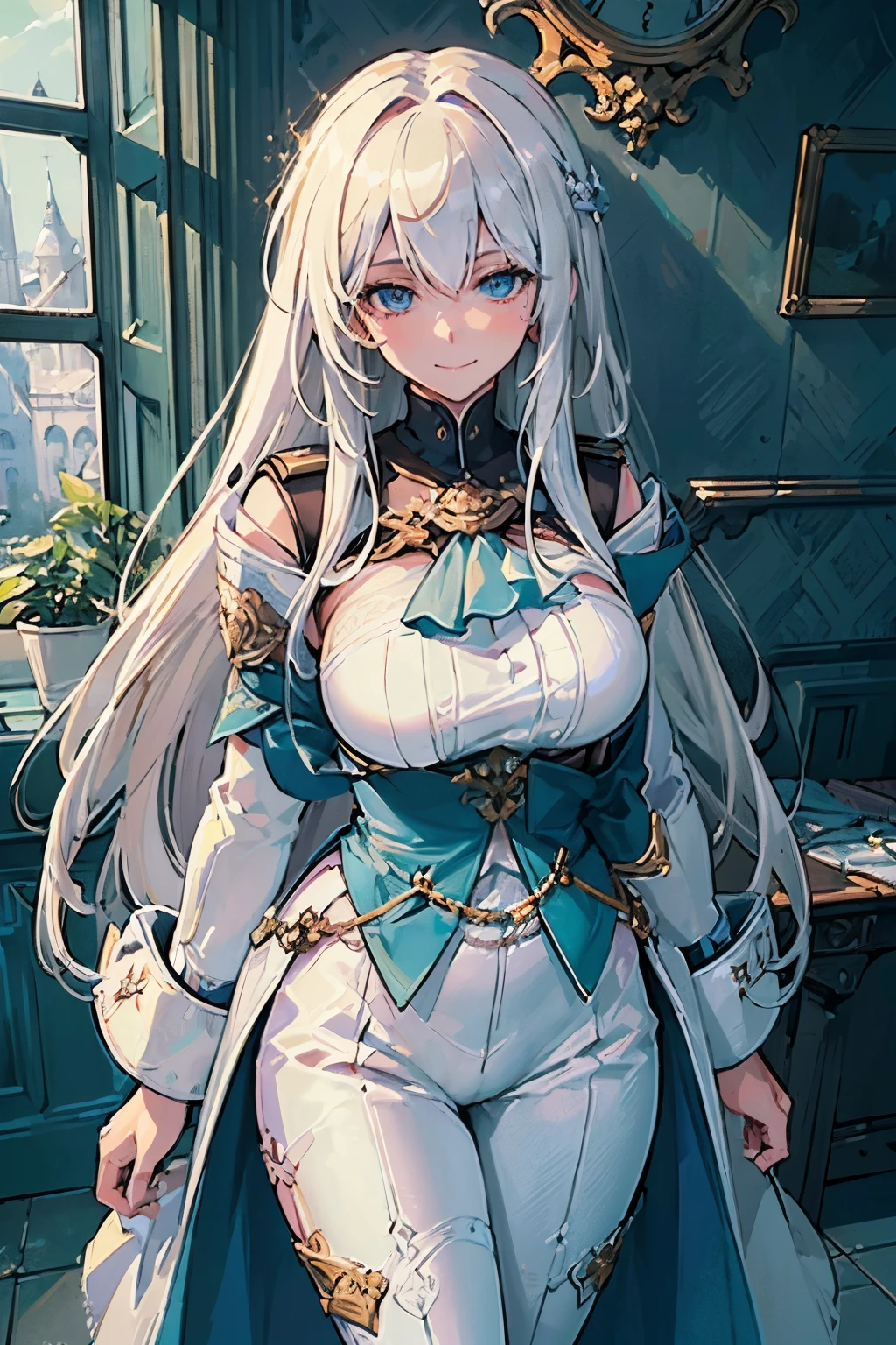 (best quality:1.3), (masterpiece:1.3), (illustration:1.3), (ultra-detailed:1.3), (mid shot:0.9), 1girl, white hair, large breasts, looking at viewer, warm smile, blue eyes, long hair, white coat, black shirt, white pants, blue ascot, blue armband, blue vest, indoors, 