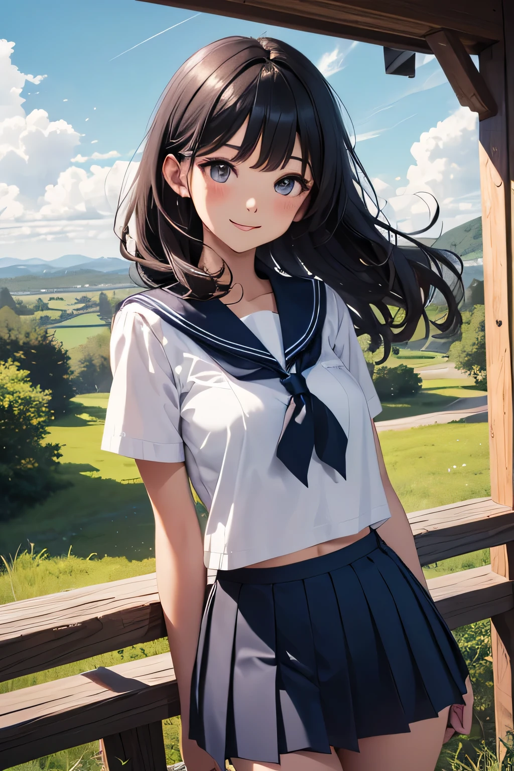 very cute and beautiful girl,(very detailed美しい顔と目:1.2),sailor suit,(navy blue pleated skirt lift,white panties),dynamic angle,(smile),blush,looking at the viewer,black hair,
rural area,wooden fence,top of the hill,grassland,detailed landscape,
(highest quality,masterpiece:1.2),disorganized,High resolution,super detailed,very detailed,32K,8K resolution,
intricate details,movie-like scene,detailed background,alone,dynamic angle,
Natural light,hair blowing in the wind,beautiful and detailed sky,