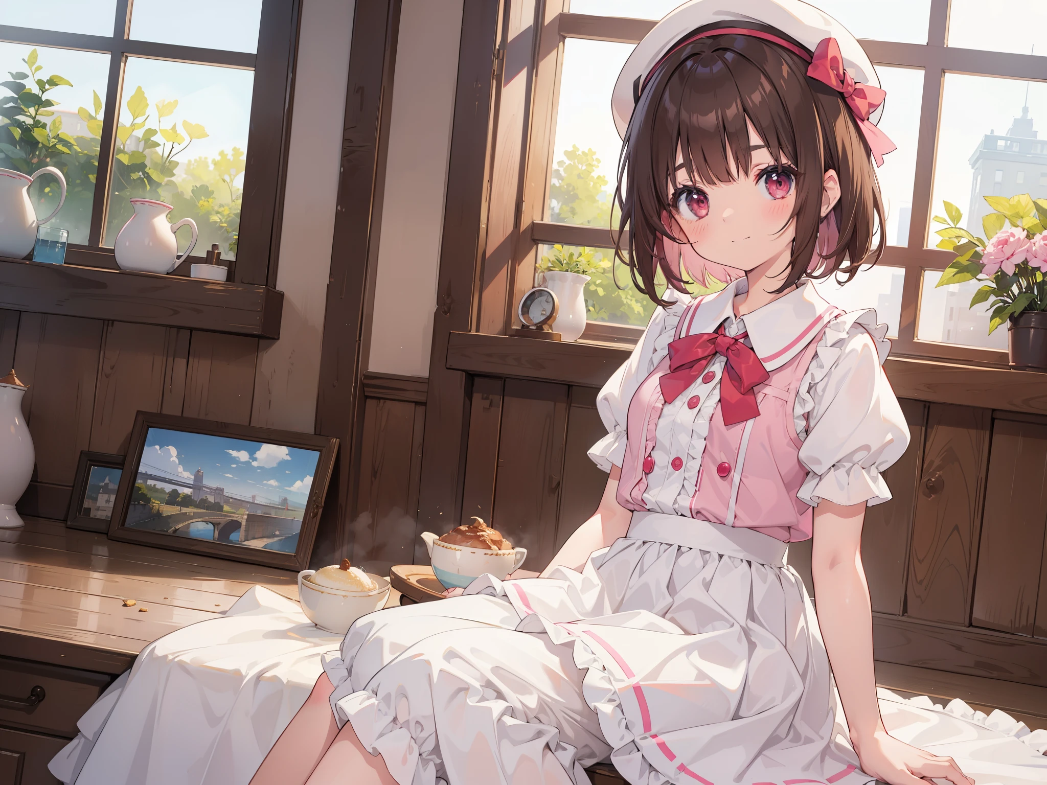 1girl, rating:safe, solo, smile, blush, hat, puffy_sleeves, dress, looking_at_viewer, puffy_short_sleeves, short_sleeves, sitting, skirt, brown_hair, short_hair, white_skirt, closed_mouth, pink_eyes, eyebrows_visible_through_hair, red_eyes, frills, bangs, window, indoors, vest, frilled_shirt_collar, shirt