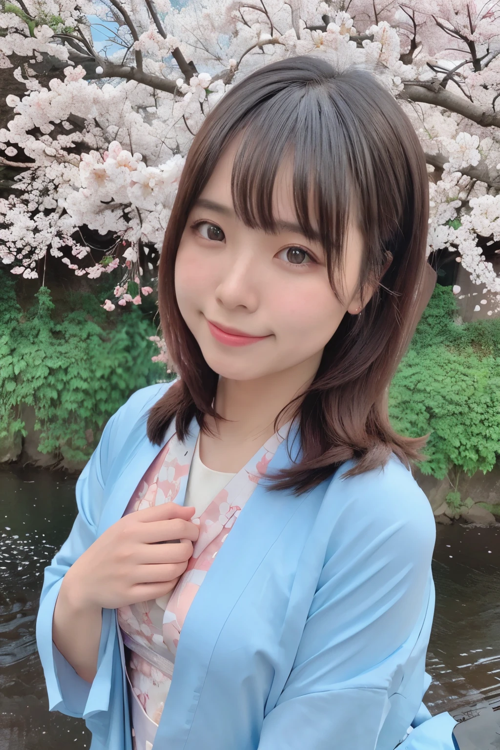 highest quality, ultra high resolution, (realistic:1.4),blush,cute,(detailed face),light smile, 
looking at the viewer,
Upper body, kimono, 
Sunny,river,(cherry blossoms),blue sky,

