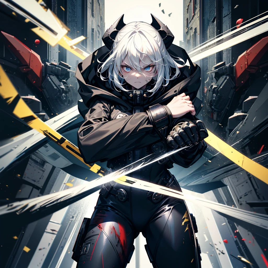 Fighting girl, epic, with particles, HD, 8k, white hair, with black cape, line marks on the face, serious face, closed mouth, casual pose, hands in Bruce Lee position, tactical pants, black hood, black lines under eyes, black polar diver, eyes with marked rings, detailed face, blood on the lips, full body,
