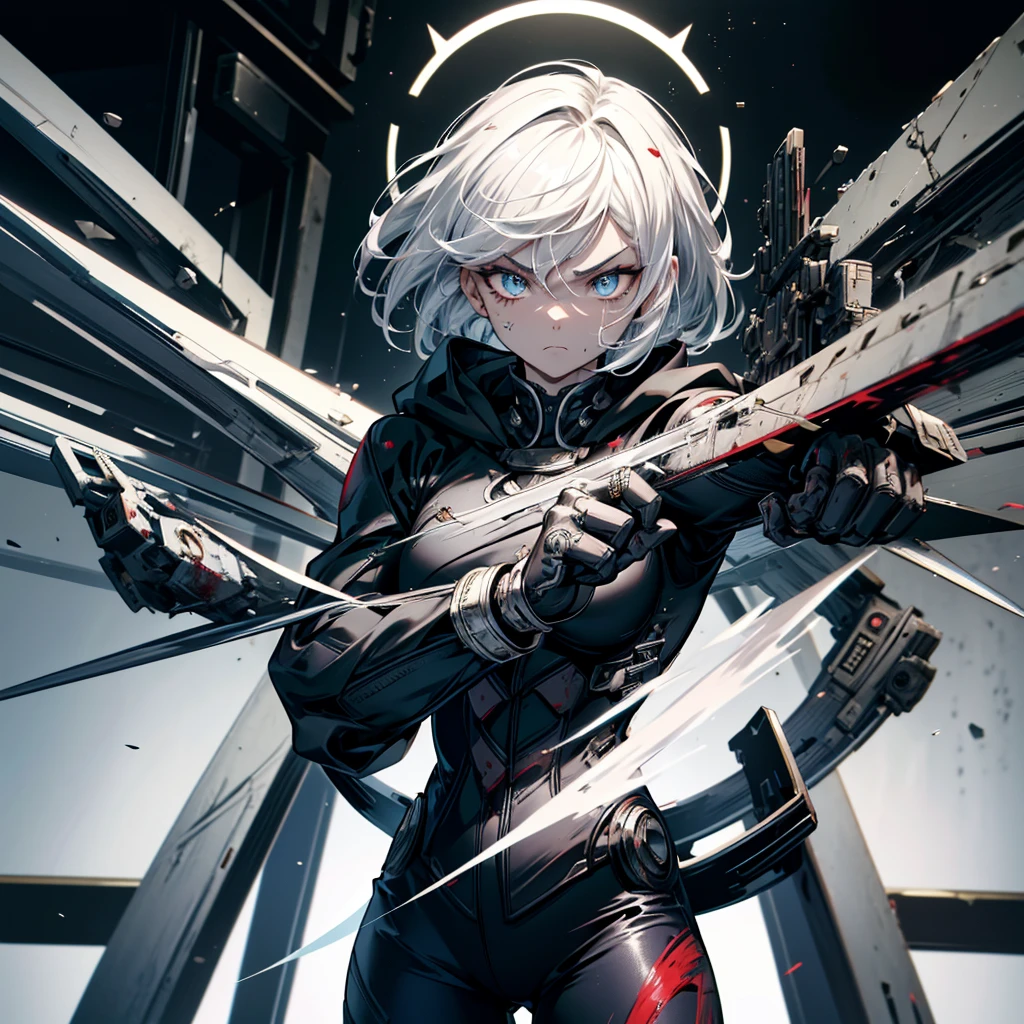 Fighting girl, epic, with particles, HD, 8k, white hair, with black cape, line marks on the face, serious face, closed mouth, casual pose, hands in Bruce Lee position, tactical pants, black hood, black lines under eyes, black polar diver, eyes with marked rings, detailed face, blood on the lips, full body,