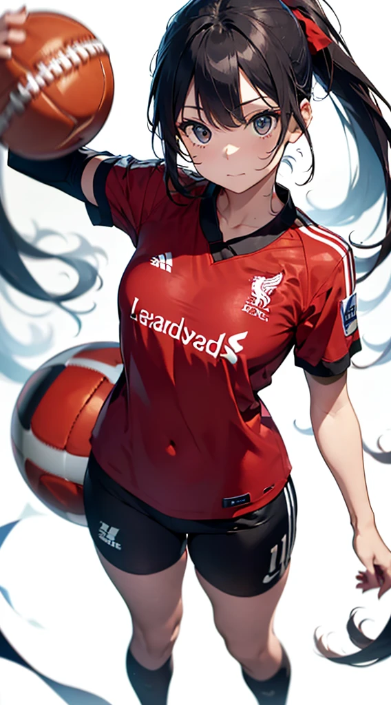 Liverpool football jersey(faithfully),no background、pure white background、full body standing、football jersey、red jersey、ponytail、Liverpool jersey,slender and soft body、