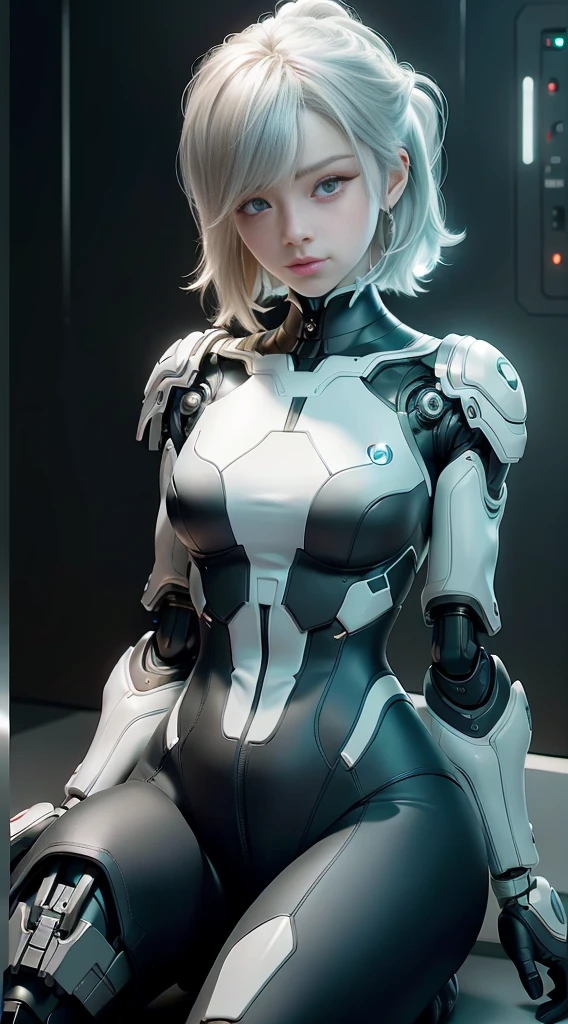 complex 3d render ultra detailed of a beautiful porcelain profile woman android face, Cyborg,Light smile, cyborg robot parts, 150 mm, Beautiful studio soft light, rim-light, vibrant detail, Luxurious cyberpunk, Lace, Hyperrealistic, anatomically, face muscles, Cable Electrical Wire, micro Chip, elegant, Beautiful background, rendering by octane, h. r. Giger style, 8K, Best quality, Masterpiece, illustration, An extremely delicate and beautiful, Extremely detailed ,CG ,Unity ,the wallpaper, (Realistic, photo-realistic:1.37),Amazing, finedetail, Masterpiece,Best quality,offcial art, Extremely detailed Cg Unity 8K wallpaper, absurderes, unbelievable beautiful, robot, silver halmet, full bodyesbian, Sitting