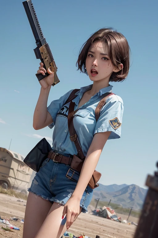 masterpiece, highest quality,1 girl,brown hair, short hair, (semi shot, open mouth, angry face), (( blue sky, trash on ground, weapon, point a pistol at viewer))