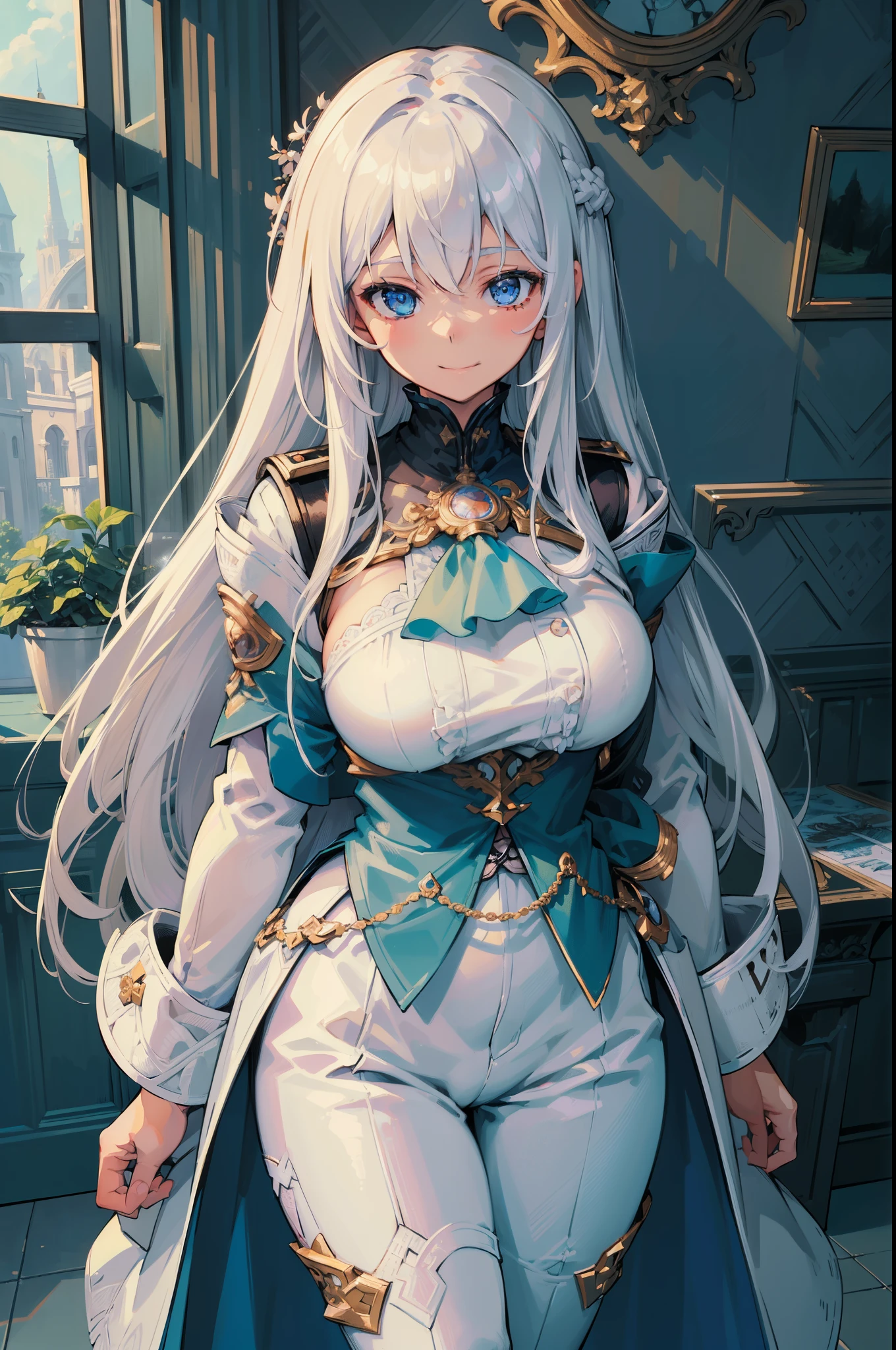 (best quality:1.3), (masterpiece:1.3), (illustration:1.3), (ultra-detailed:1.3), (mid shot:0.9), 1girl, white hair, large breasts, looking at viewer, warm smile, blue eyes, long hair, white coat, black shirt, white pants, blue ascot, blue armband, blue vest, indoors,