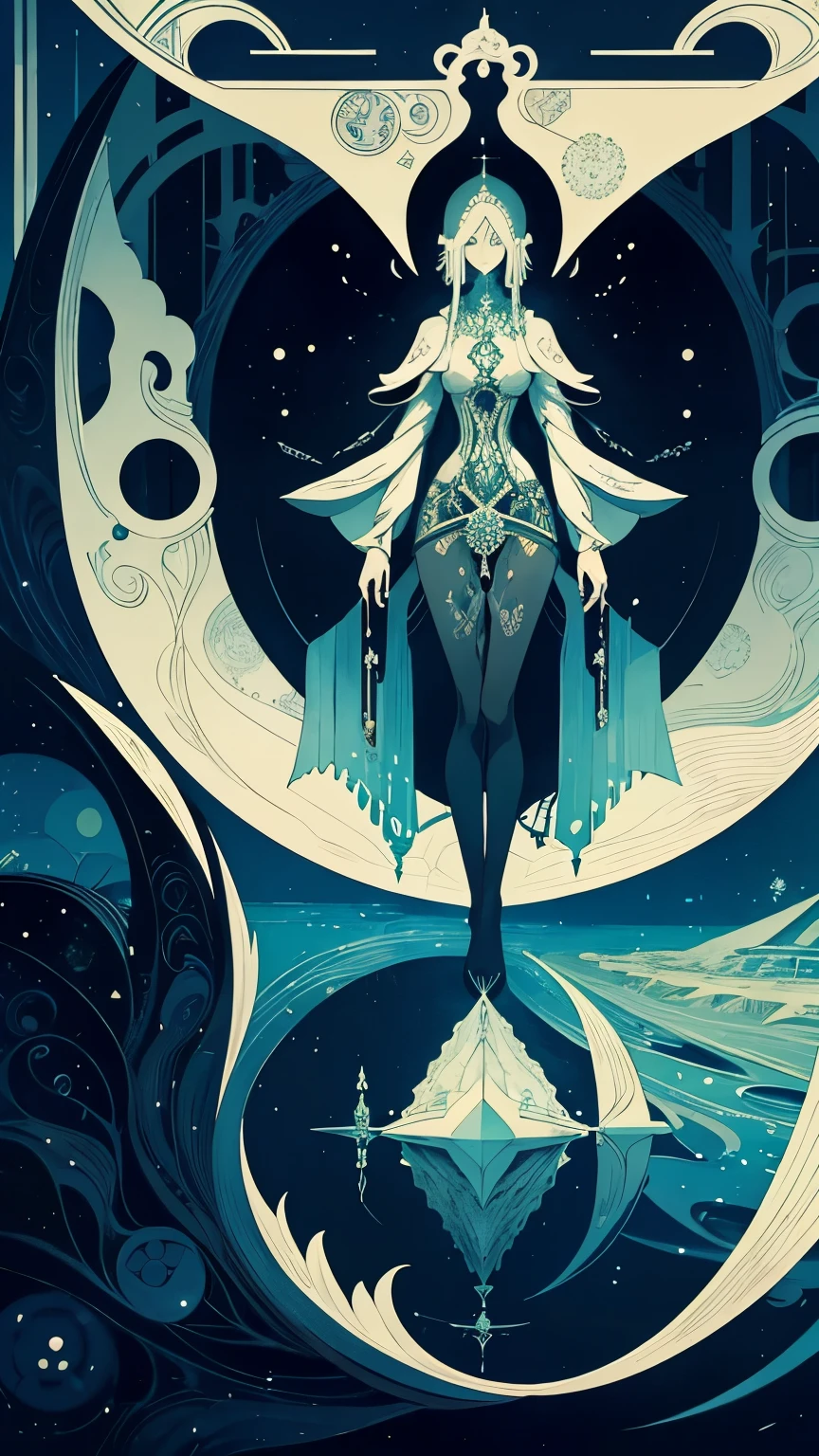 Kay Nielsen, Ayang Cempaka, Mysterious, strange, surreal, bizarre, fantasy, Sci-fi, Japanese anime, the other side of Platonic solids, visualization of pitch and melody, beautiful girl, perfect voluminous body, detailed masterpiece