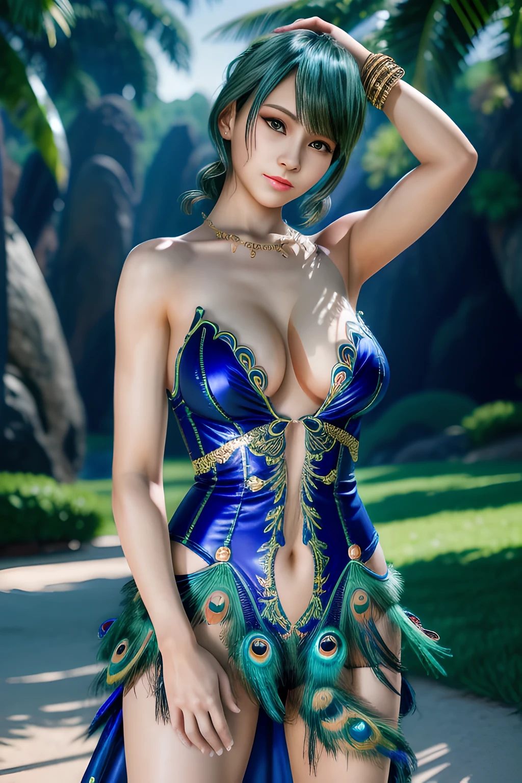 1 girl,skirt,(Dress by (Peacock feathers)),outdoor, (permanent,sexy model pose:1.2),jewelry,Lips slightly open, lustful smile, red lips,(huge breasts),((8k, original photo, top quality, masterpiece), HD RAW color photos professional close-up photos), (actual, photorealism: 1.37), (best quality), (best shade),ultra high resolution, HD CG unified 8K wallpaper,soft sunshine,clothing details, alone,Tamaki