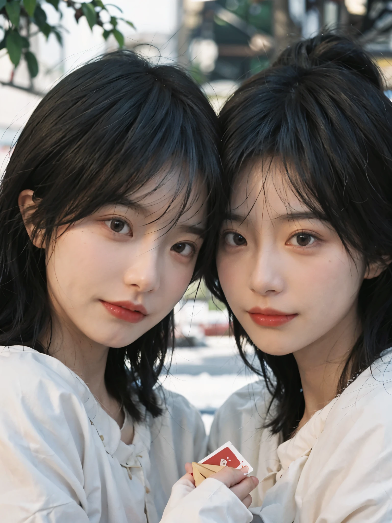 best quality， ultra high resolution，Sunshine scene，（realistically：1.4）， 2 girls，issue card，twin， A pair of eyes as clear as snow,Royal sister，looking at the audience， close up ，