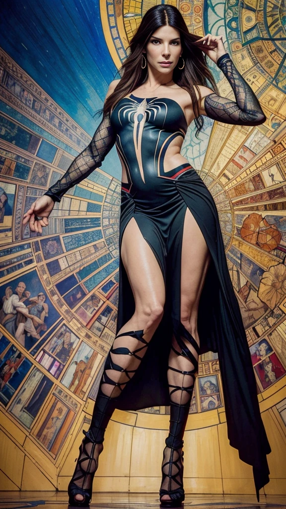 Halle Berry、Sticking out the navel、newyork、She wears a torn Spider-Man suit,wearing a skirt、abstract photorealistic、artistic、Alphonse Mucha's painting(masterpiece、highest quality、High resolution:1.4)、detailed、複雑なdetailed、In 4K、color splash、line drawing、fibonacci、