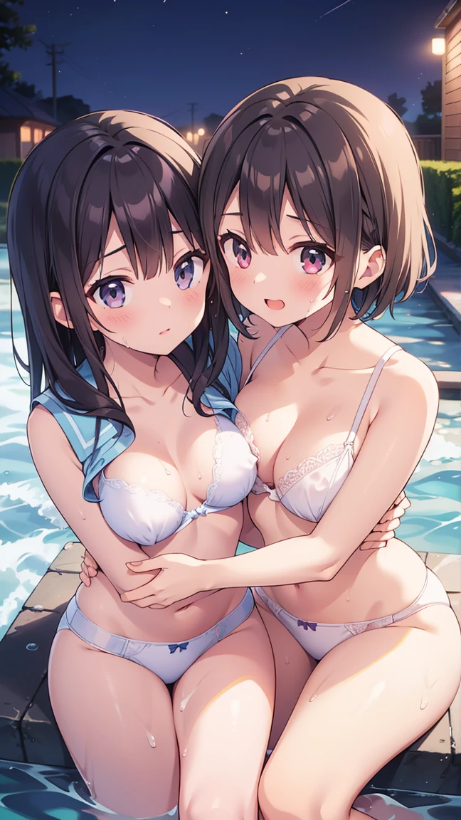 realistically, 2 girls, ponytail, brown eyes, glowing eyes, white short skirt, Blush, daytime, Wet from the rain, see through, nipples, Sit with your knees raised., armpit, pussy, , crotch