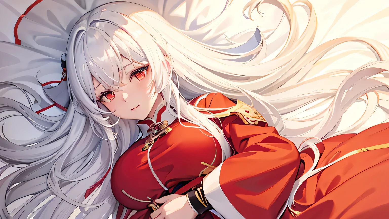anime character with long white hair and red dress laying on bed, white haired deity, from girls frontline, 千 葉 雄 大, white hair floating in air, white-haired, girl with white hair, from the azur lane videogame, trending on cgstation, white haired lady, ayaka genshin impact