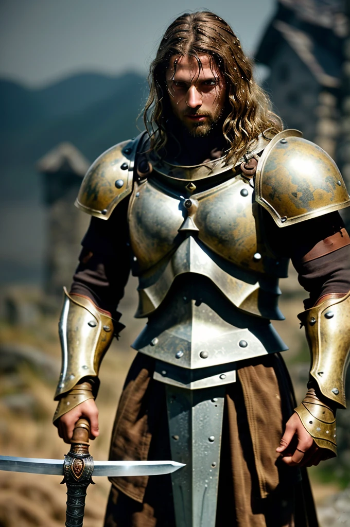 1man muscular athletic medieval knight in realistic historically accurate rusty dusty scratched battered metal armor, (holding 1sword:1.1), intricate sword handle, elegant , hair in (blowing wind:1.1), sweat, looking at viewer, intricate details, goosebumps, flawless face, ((macro lens)),
natural colors, texture, midnight, flames and torches, film grain, dusty atmospheric haze, night dark