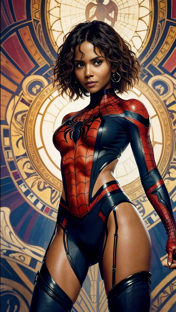 Halle Berry、Sticking out the navel、newyork、She wears a torn Spider-Man suit,wearing a skirt、abstract photorealistic、artistic、Alphonse Mucha's painting(masterpiece、highest quality、High resolution:1.4)、detailed、複雑なdetailed、In 4K、color splash、line drawing、fibonacci、