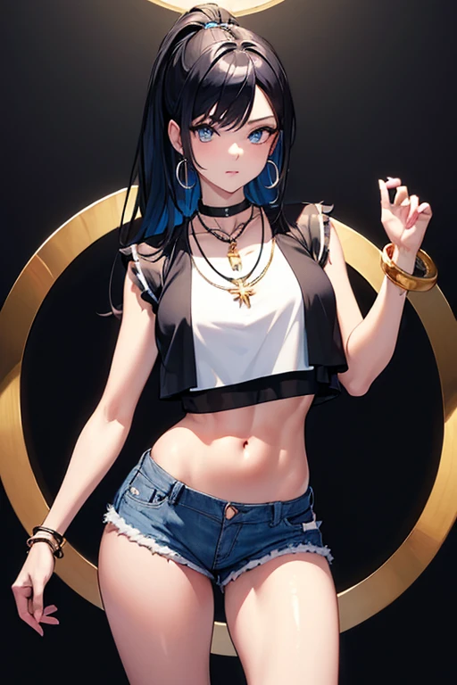 ((((masterpiece)))), high quality, very_high_resolution, large_filesize, full color, short shorts, blue eyes, black hair, crop top, silver bracelet, Cuban link necklace, cute, adorable, beautiful, high contrast, colorful, 5 fingers, slim body, jewelry, long hair, pony tail, hoop gold earrings 