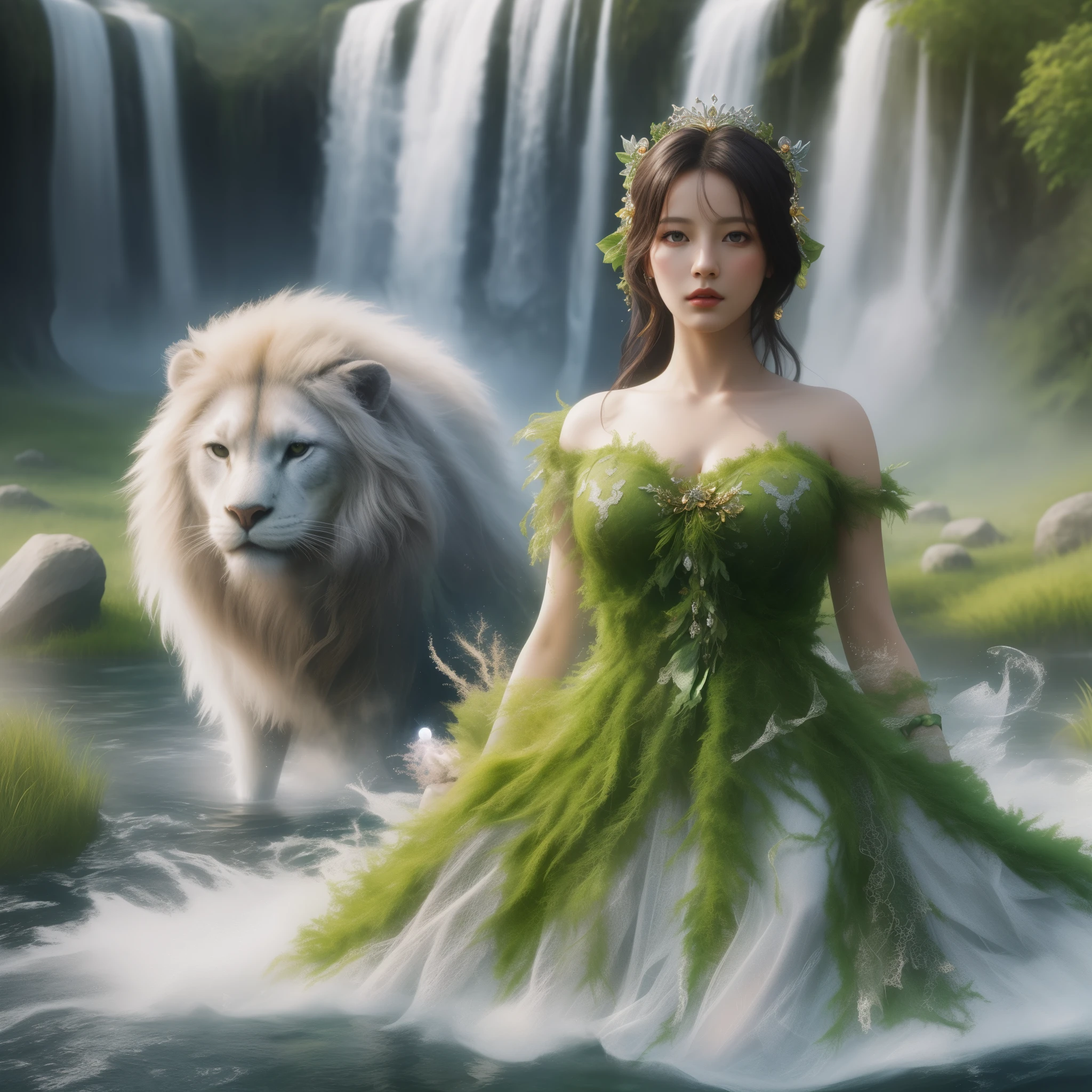 there is a woman in a dress that is standing in the water, gorgeous goddess of leo, beautiful fantasy art, enchanted with nature spirit, queen of nature, very beautiful fantasy art, nature goddess, goddess of nature, earth goddess mythology, breathtaking fantasy art, beautiful digital artwork, goddess of the forest, fantasy art style, fantasy beautiful, queen of the jungle, masterpiece, best quality:1.2),,(8k,highres,RAW photo,realistic,photo-realistic:1.3),(detailed skin texture,detailed cloth texture,beautiful detailed face:1.25),professional lighting,photon mapping,beautiful soft light,radiosity,physically-based rendering,raytracing, model shoot style, model shoot style, (extremely detailed CG unity 8k wallpaper), full shot body photo of the most beautiful artwork in the world,