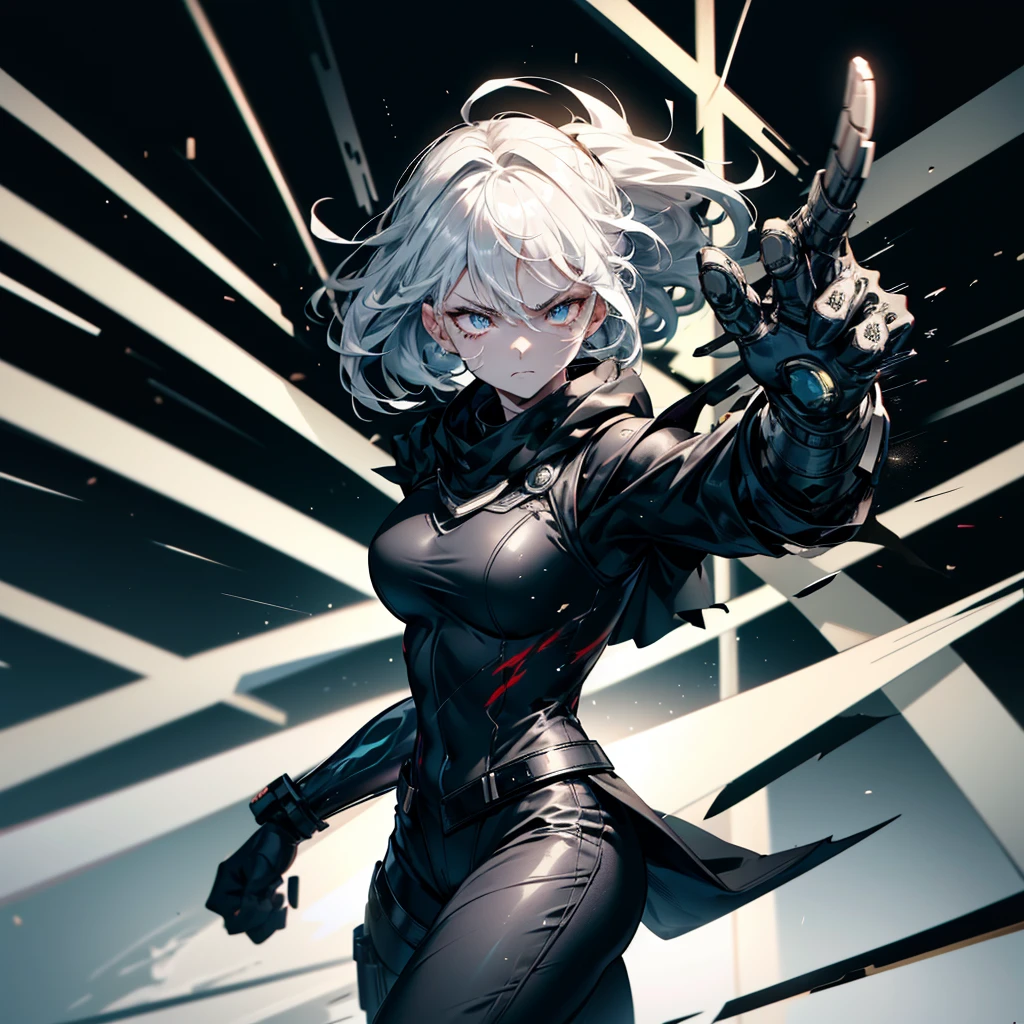 Fighting girl, epic, with particles, HD, 8k, white hair, with black cape, line marks on the face, serious face, closed mouth, casual pose, hands in Bruce Lee position, tactical pants, black hood, black lines under eyes, black polar diver, eyes with marked rings, detailed face, blood on the lips, full body,