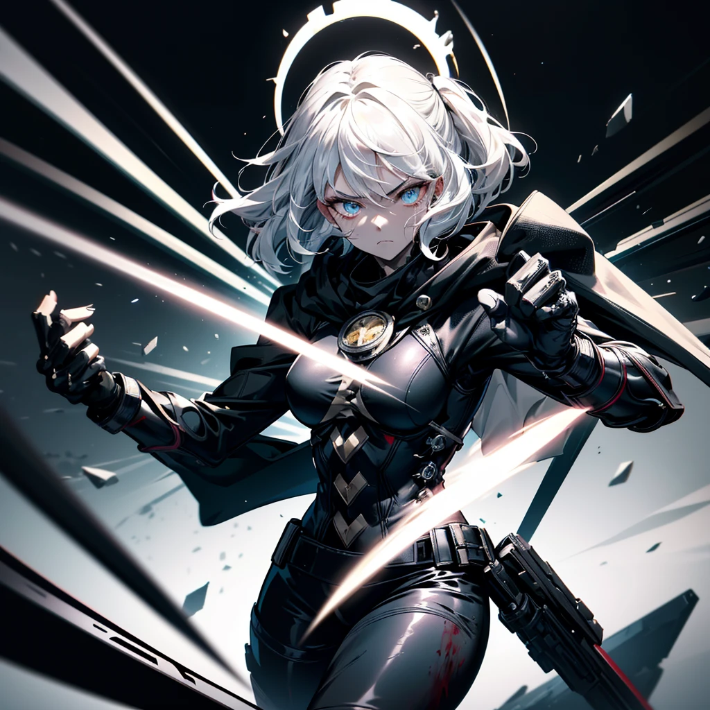 Fighting girl, epic, with particles, HD, 8k, white hair, with black cape, line marks on the face, serious face, closed mouth, casual pose, hands in Bruce Lee position, tactical pants, black hood, black lines under eyes, black polar diver, eyes with marked rings, detailed face, blood on the lips, full body,