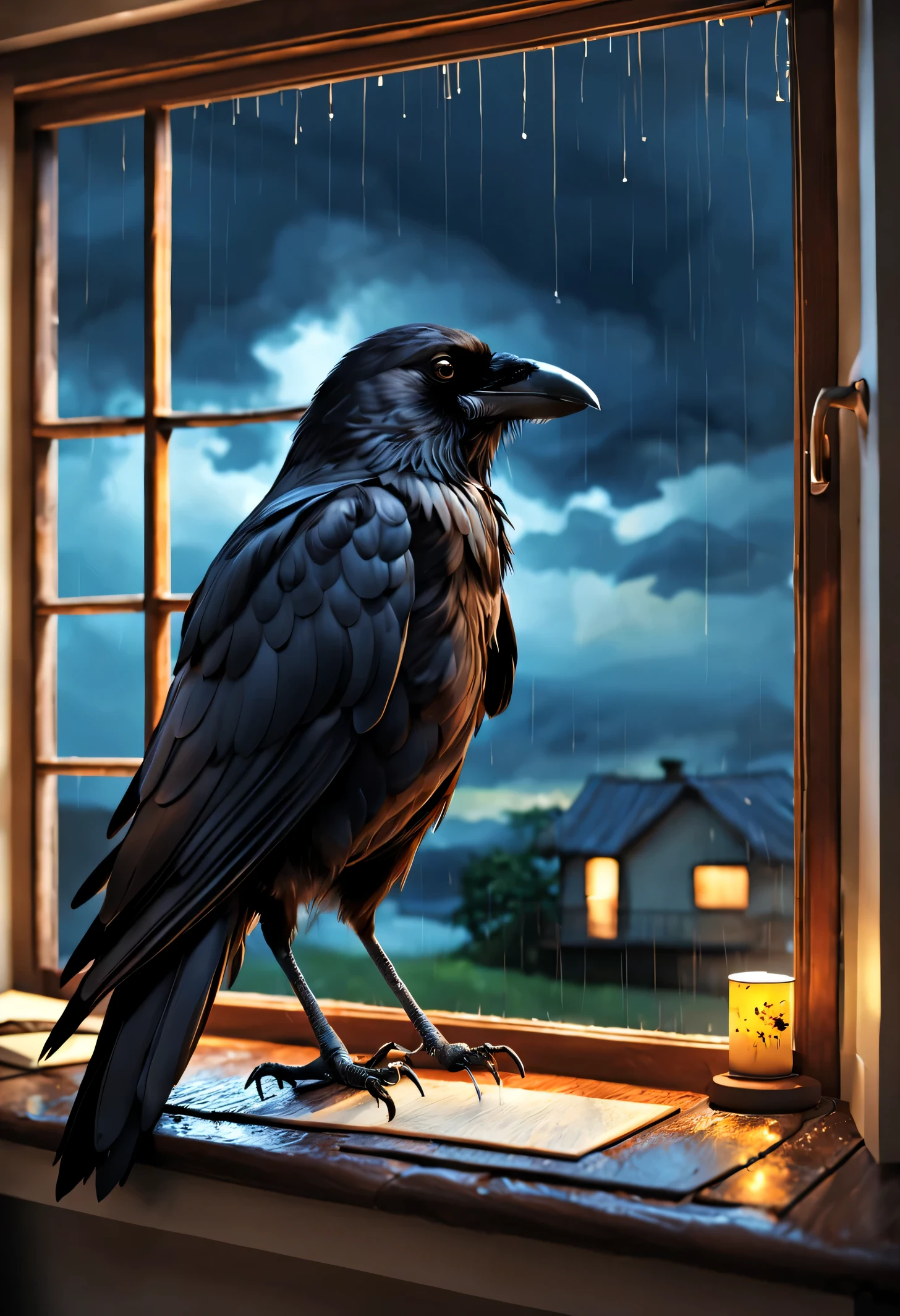 Uma linda imagem de fundo para um aplicativo androide e web, uma obra prima que mostra um lindo jovem num quarto digitando na frente do seu computador, there is a window that shows the night and the rain, lugar encantador e misterioso rico em detalhes, the image is mixed with a gradient border giving the young man charm'quarto, the young man has a beautiful crow as a pet that watches him with affection, imagem estilo 3d.