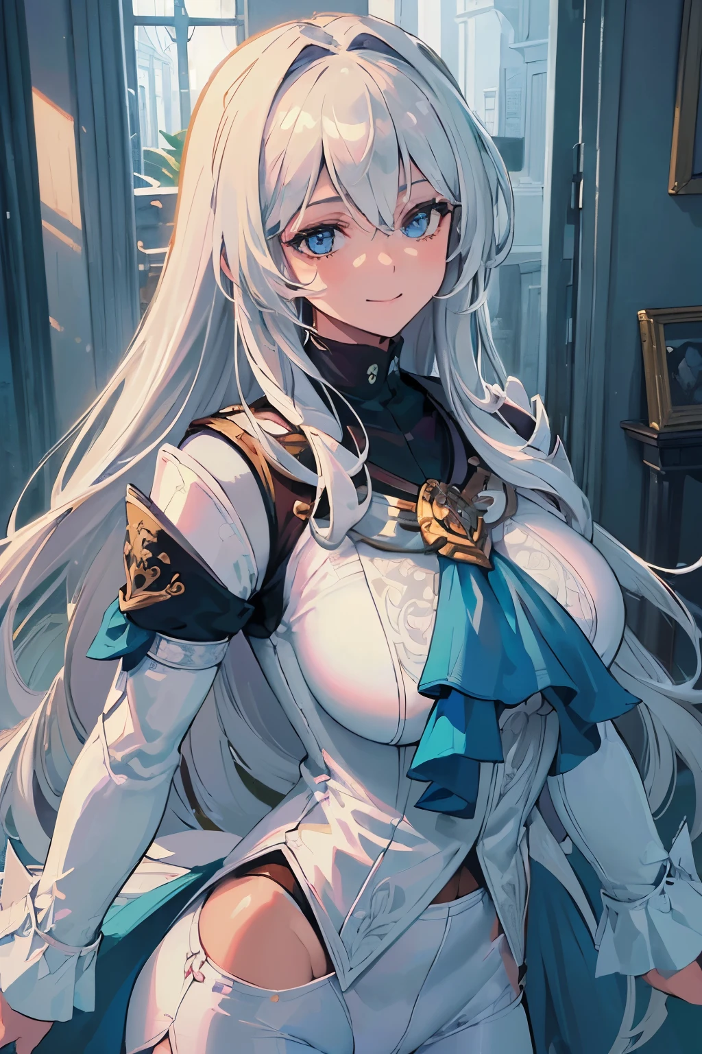 (best quality:1.3), (masterpiece:1.3), (illustration:1.3), (ultra-detailed:1.3), (mid shot:0.9), 1girl, white hair, large breasts, looking at viewer, warm smile, blue eyes, long hair, white coat, black shirt, white pants, blue ascot, blue armband, blue vest, indoors, 