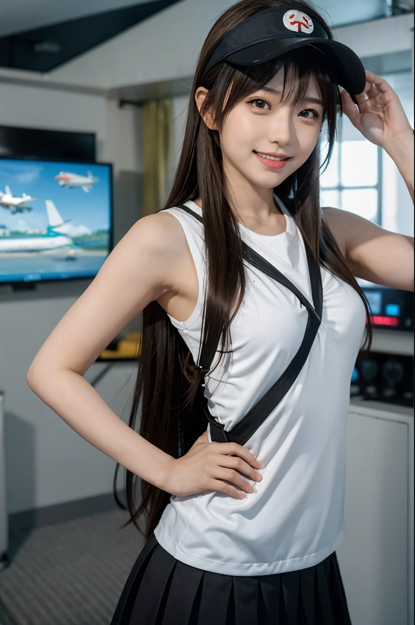1girl in, Long Xiao (kancolle), Solo, Brown hair, Twin-tailed, Brown eyes, Visor Cap, magatama, Open mouth, aircraft, Smile, Planes, Background Airport, Upper body, Long hair