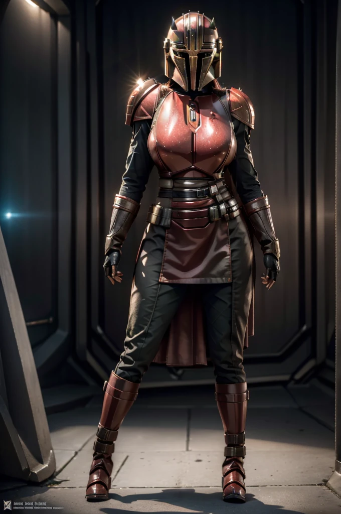 Human, Female, "pale white skin", "short red hair", "green eyes", "black Mandalorian armor", full body pose,