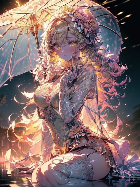((top quality)),(high resolution),(super detailed細),(detailed description),((the most picturesque works of art),super precision art,amazing art of depiction,fantasy art:1.5, ((((Beautiful flower々:1.5))), (,(glamorous body:1.3),fancy background effects、masterpiece、fancy details、((1 girl)),  ((very detailed:1.3)), 透き通ったwaterの中で,beautiful woman entering the lake, ((long yellow hair)), wet hair, Wearing a light transparent dress, Bathing clothed, vapor, (湖に浮かぶたくさんのflowerびら:1.3), early morning light, ivory gold AI, windows, crepuscular lighting, 、see-through lace underwear、lace and string shorts.、Sexy lingerie with lace and strings,See-through sexy lingerie,transparent lingerie、translucent dress、sexy harness、sexy garter belt、sexy stockings、Full of equipment,intimate, rose garden、colorful roses、lake with floating roses、Lying、spread legs、spread your legs、open thighs、waterに浸かる、wet body、splash water、gorgeous flower decoration、big flowers、stylish hair、moon, lanthanum, night, alone, water遊び, water, hair flower, flower, outdoor, sky porn, wet clothes, sky porn, wet hair ,(very detailed CG Unity 8K 壁紙),highest quality,cinematic lighting,detailed background,beautiful and fine eyes,bright pupils, (very delicate and beautiful),(Beautiful and detailed eye depiction);super detailed,((yellow eyes))、