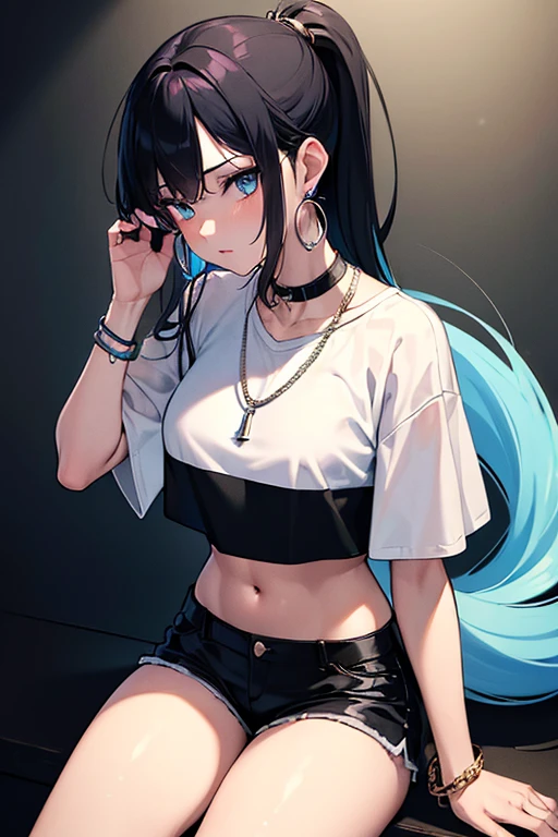 ((((masterpiece)))), high quality, very_high_resolution, large_filesize, full color, short shorts, blue eyes, black hair, rainbow hair, crop top, silver bracelet, Cuban link necklace, cute, adorable, beautiful, high contrast, colorful, 5 fingers, slim body, jewelry, long hair, pony tail, hoop gold earrings