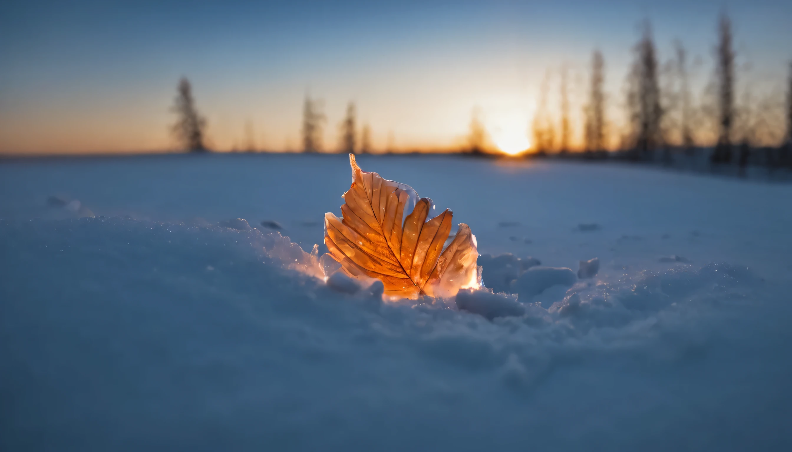 photo of frozen flame, droplet, Crystal of snow,powder snow, hot, leaf, Surrounded by a fantastic glow