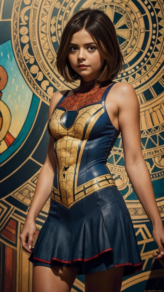 Jenna Louise Coleman、Sticking out the navel、newyork、She wears a torn Spider-Man suit,wearing a skirt、abstract photorealistic、artistic、Alphonse Mucha's painting(masterpiece、highest quality、High resolution:1.4)、detailed、複雑なdetailed、In 4K、color splash、line drawing、fibonacci、