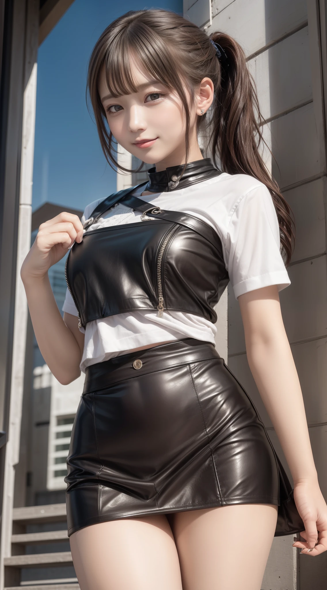 One Girl, cute、ponytail, shy smile, brown hair、deep blue eyes、cowboy shot、((Synthetic leather super mini skirt:1.2))、angle from below、