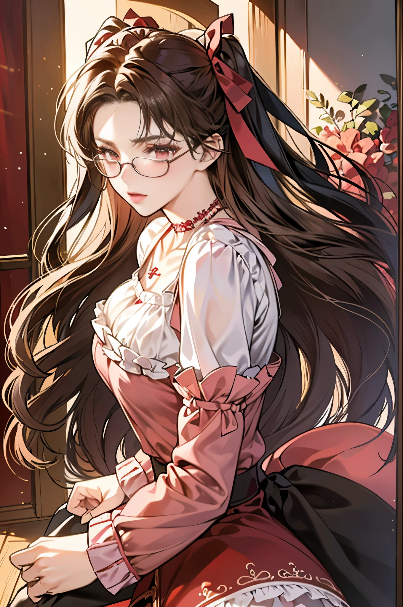 (masterpiece, best quality, hires, high resolution:1.2, 4k, 8k , high quality), extremely detailed, realistic, intricate details, highres, 1girl, solo, brown long hair, pink eyes, blush, (glasses:1.5), (large breasts, thick thighs, wide hips), arched back,(cinematic lighting, sunlight, perfect lighting, backlighting), eye-level shot, extreme close-up-shot, naughty look, looking at viewer,           rin_tohsaka_ecsta, tohsaka rin, hair ribbon, brown hair, pink eyes, black ribbon, red sweater, black skirt, cross necklace