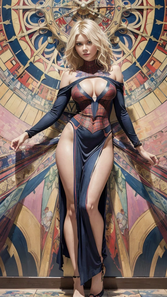 Elisha Cuthbert、Sticking out the navel、newyork、She wears a torn Spider-Man suit,wearing a skirt、abstract photorealistic、artistic、Alphonse Mucha's painting(masterpiece、highest quality、High resolution:1.4)、detailed、複雑なdetailed、In 4K、color splash、line drawing、fibonacci、