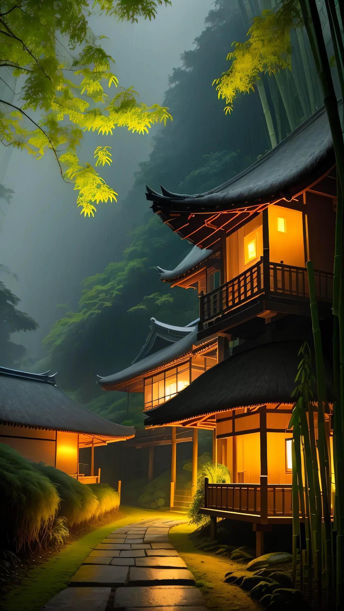 Live shooting, at night, on a rainy day, in the middle of a dense bamboo forest on a hillside, there is a wet and secluded stone path with wooden railings. In the distance, it is foggy. The thatched cottage on the left, the wooden tail on the hillside opens a door, and the lights are on. The nearby bamboo is thick and green, and the bamboo in the bamboo forest is next to one another, showing all the bamboo leaves. Wide-angle shooting, the picture is ultra-high-definition, ultra-real
