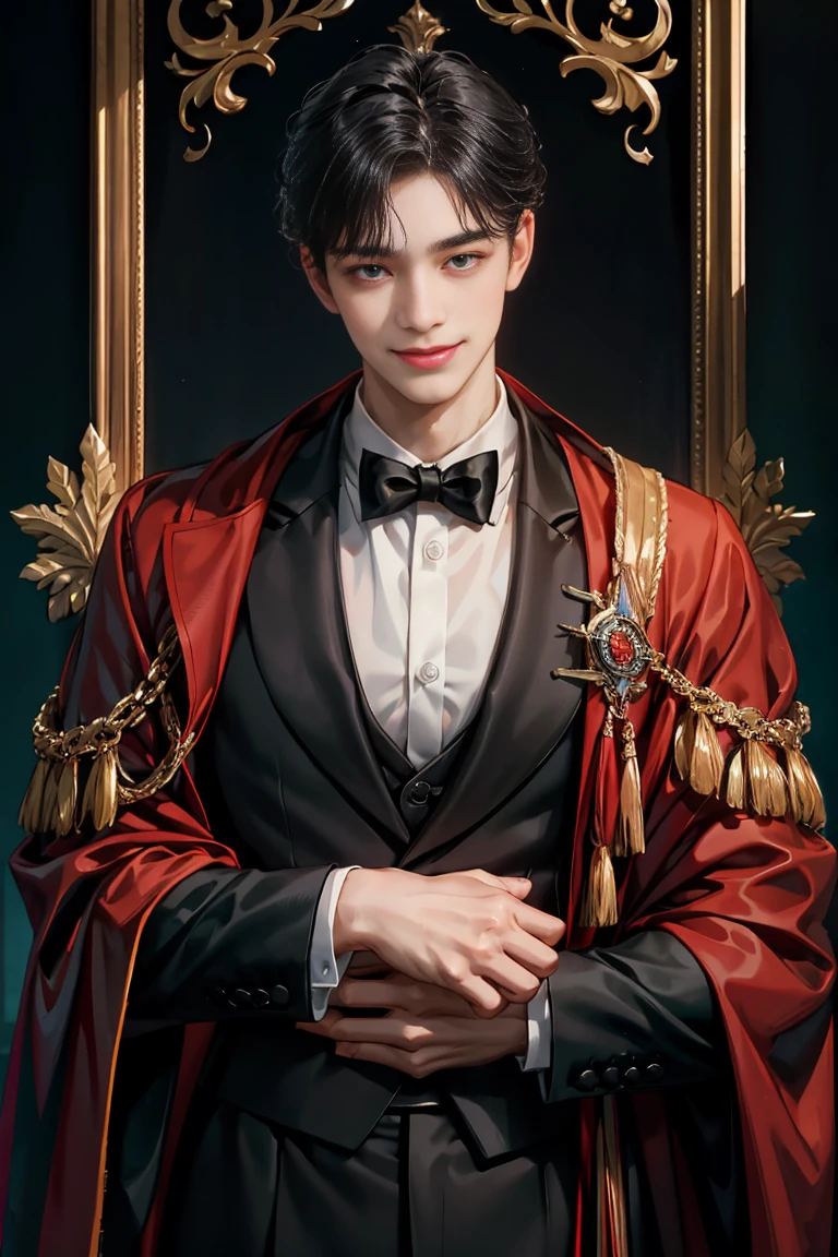 masterpiece, 最high quality, high quality, 1 boy, alone, male focus, looking at the viewer, whole body, Winning spirit_destiny, dirty black hair, blue adorable big eyes, white people, Noble, Noble, Noble的な吸血鬼、Classy tuxedo,A very large and long red and black cloak with a large collar, 25 years old,cute beautiful boy,shy smile