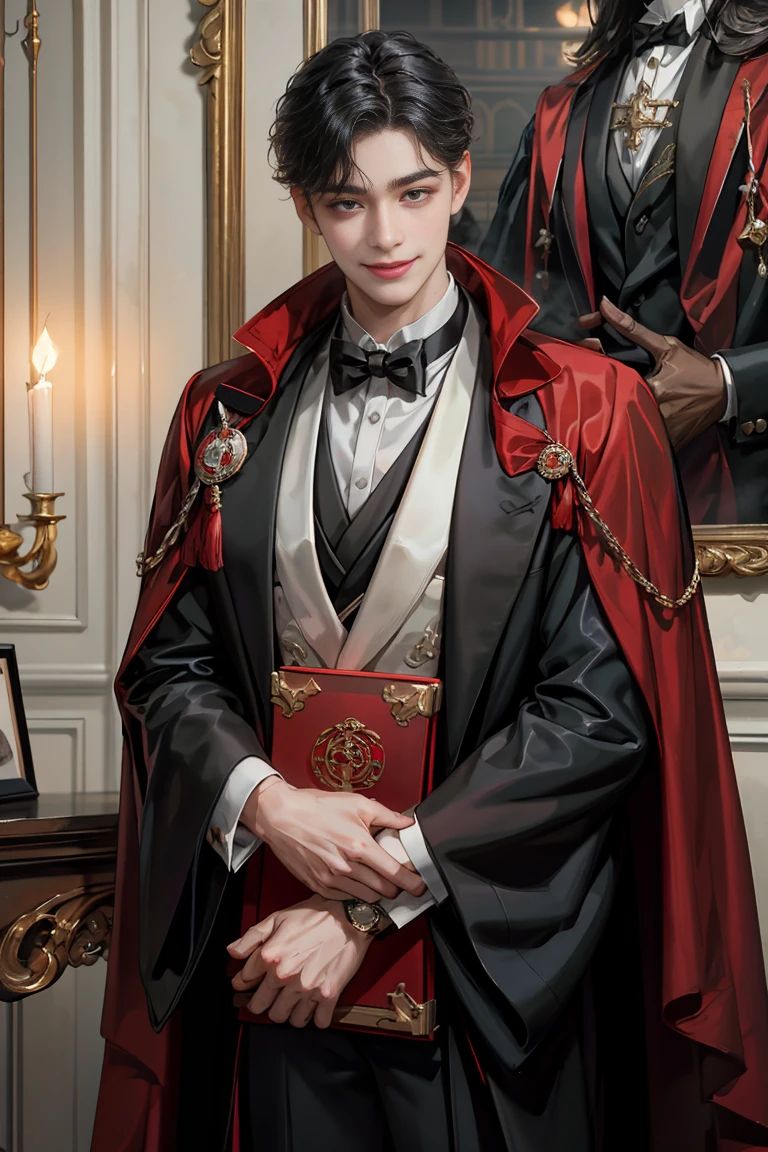 masterpiece, 最high quality, high quality, 1 boy, alone, male focus, looking at the viewer, whole body, Winning spirit_destiny, dirty black hair, blue adorable big eyes, white people, Noble, Noble, Noble的な吸血鬼、Classy tuxedo,A very large and long red and black cloak with a large collar, 25 years old,cute beautiful boy,shy smile