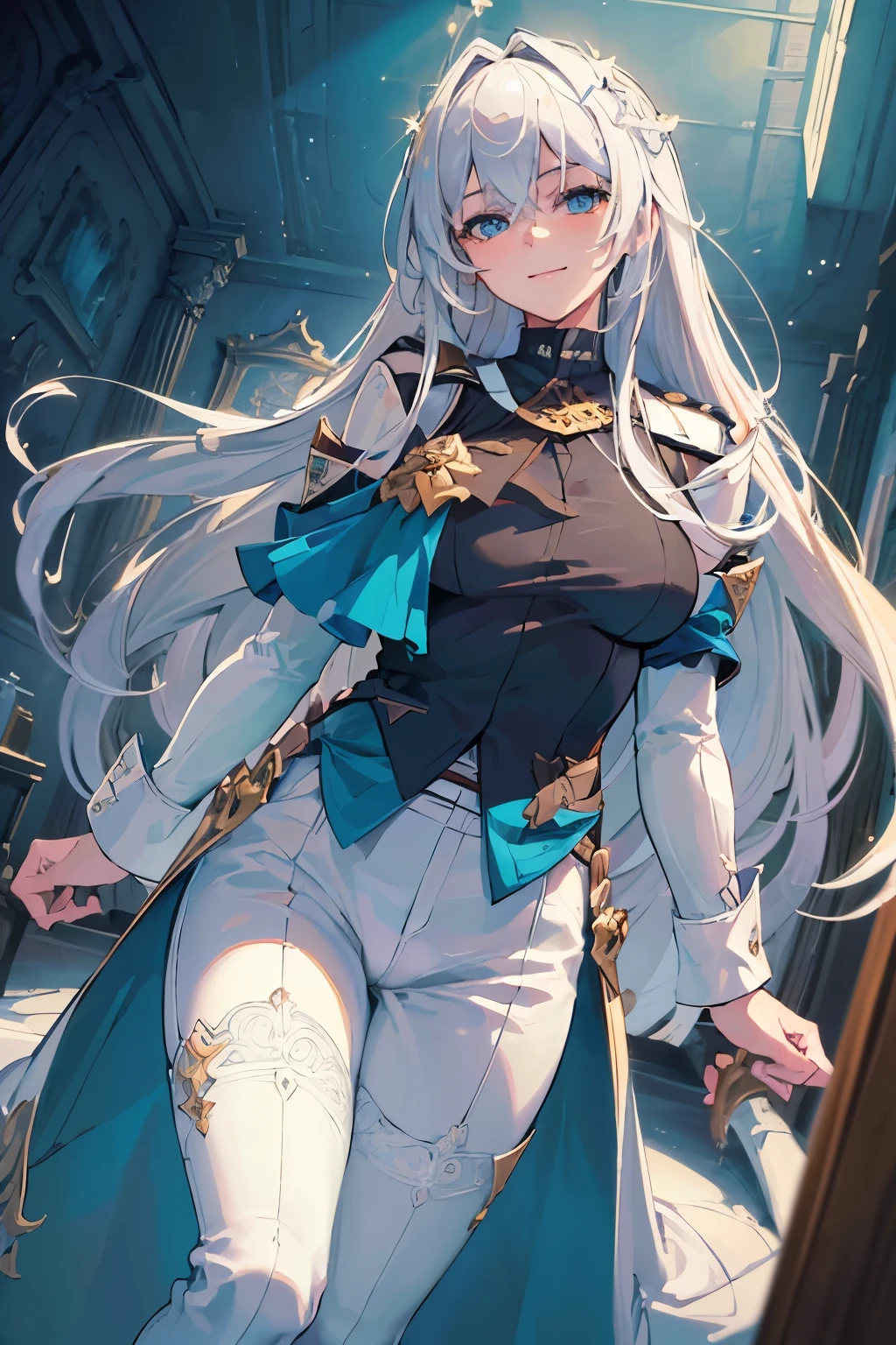 (best quality:1.3), (masterpiece:1.3), (illustration:1.3), (ultra-detailed:1.3), (mid shot:0.9), 1girl, white hair, large breasts, looking at viewer, warm smile, blue eyes, long hair, white coat, black shirt, white pants, blue ascot, blue armband, blue vest, indoors, 