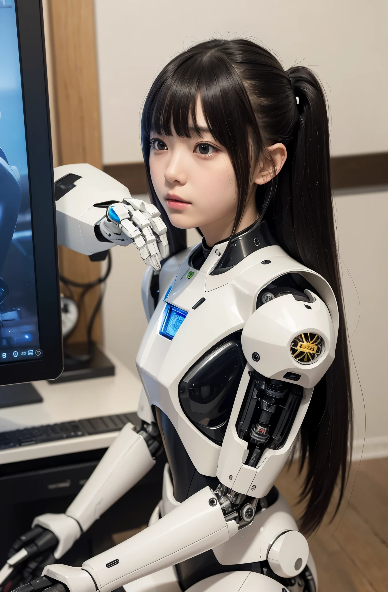 (photorealistic:1.4), (RAW photo)masutepiece, Best Quality, Extremely detailed, (Photorealistic:1.4), (8K, 4K, Best Quality, hight resolution, 超A high resolution:1.1), 8K portrait,Japaese android girl,,13 ytrol panels,Mechanical Hand, ,Robot arms and legs, Black hair,Mechanical body,Blunt bangs,White Robotics Parts,perfect robot girl ,Charging spot,