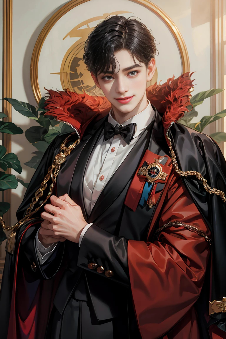 masterpiece, 最high quality, high quality, 1 boy, alone, male focus, looking at the viewer, whole body, Winning spirit_destiny, dirty black hair, blue adorable big eyes, white people, Noble, Noble, Noble的な吸血鬼、Classy tuxedo,A very large and long red and black cloak with a large collar, 25 years old,cute beautiful boy,shy smile