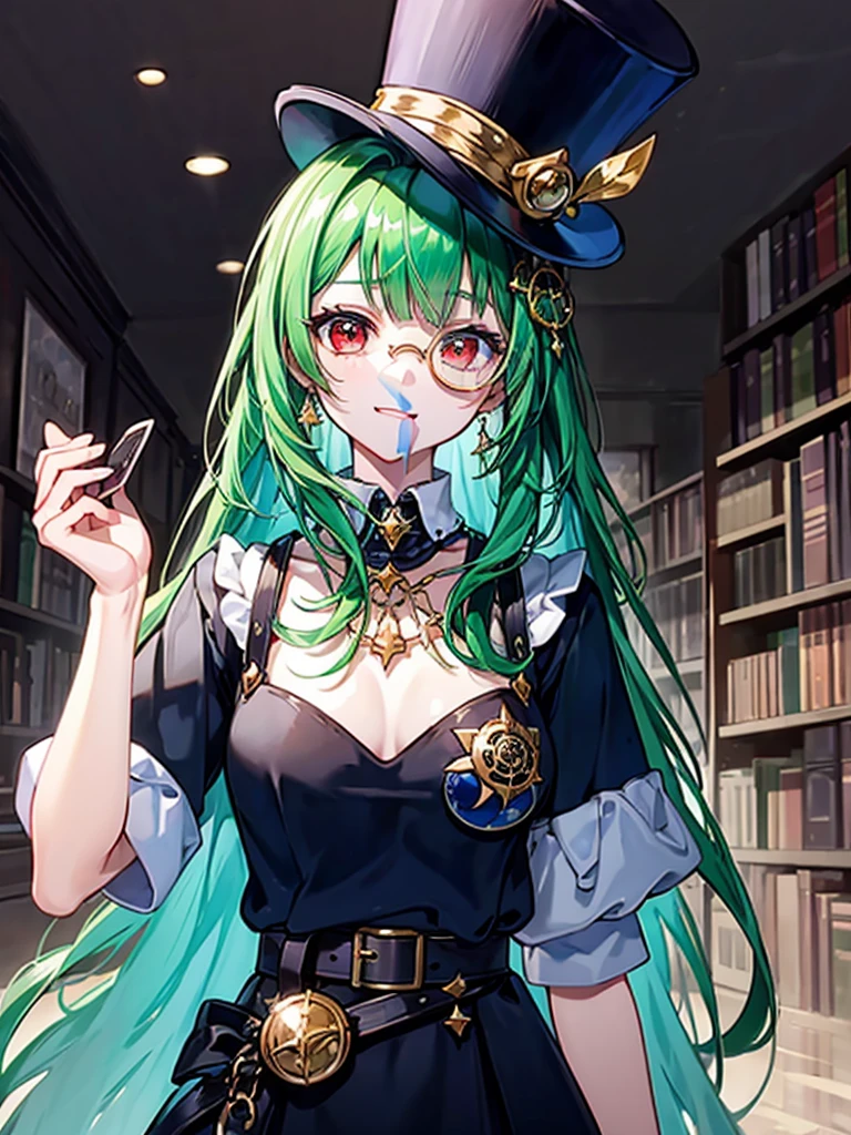 (((masterpiece、Highest image quality、highest quality、highly detailed unity 8kwallpaper)))、((Illustration of one girl、upper body))、(((beautiful girl)))、(librarian)、(Emerald green hair、messy hair、sidelocks:1.2、red eyes、crazy smile)、(((flat chest)))、(((monocle)))、pocket watch、(((Black top hat、Black tuxedo、belt)))、great medieval library、Large amount of books