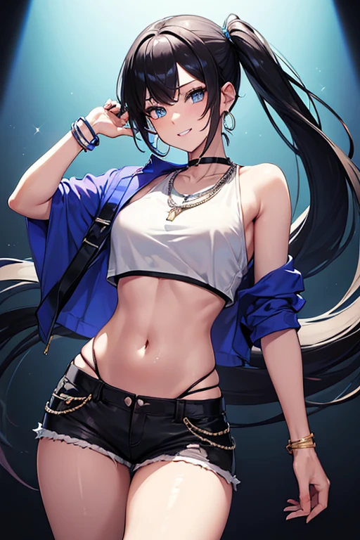 ((((masterpiece)))), high quality, very_high_resolution, large_filesize, full color, short shorts, blue eyes, black hair, rainbow hair, crop top, silver bracelet, Cuban link necklace, cute, adorable, beautiful, high contrast, colorful, 5 fingers, slim body, jewelry, long hair, pony tail, hoop gold earrings, confident, smile
