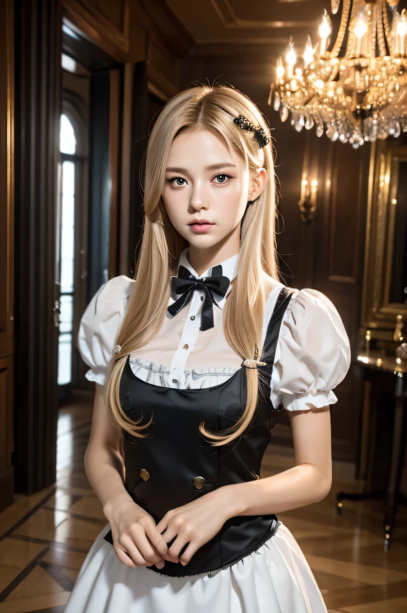 The beauty of 8K raw photos:2.0, long blonde hair,15 years old, great face and dark eyes, stare at the camera, Expressionless, (Maid costume:1.2), realistic:1.9, very detailed CG 統合 8k 壁紙, very detailed, High resolution RAW color photos, cowboy shot, professional photos, Photographed in a hall with a chandelier, girl sexy portrait