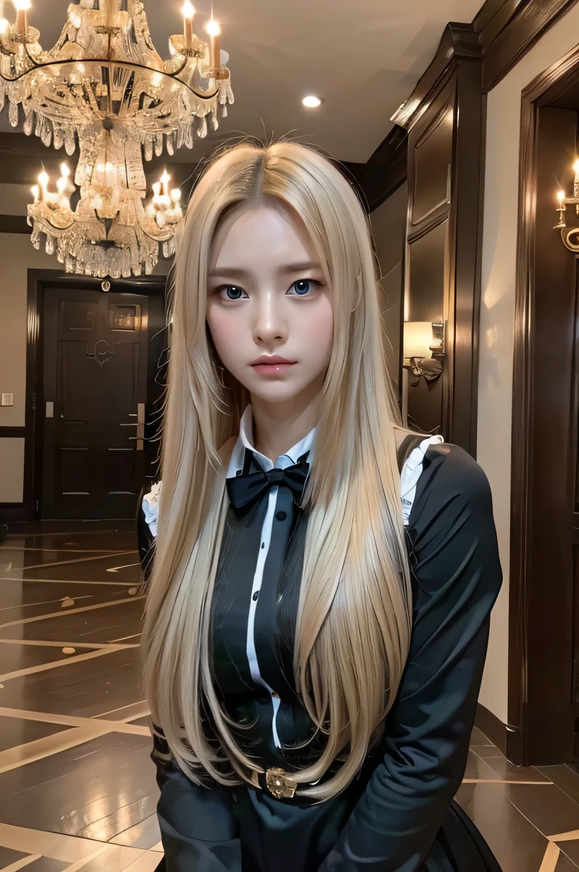 The beauty of 8K raw photos:2.0, long blonde hair,, great face and dark eyes, stare at the camera, Expressionless, (Maid costume:1.2), realistic:1.9, very detailed CG 統合 8k 壁紙, very detailed, High resolution RAW color photos, cowboy shot, professional photos, Photographed in a hall with a chandelier, girl sexy portrait