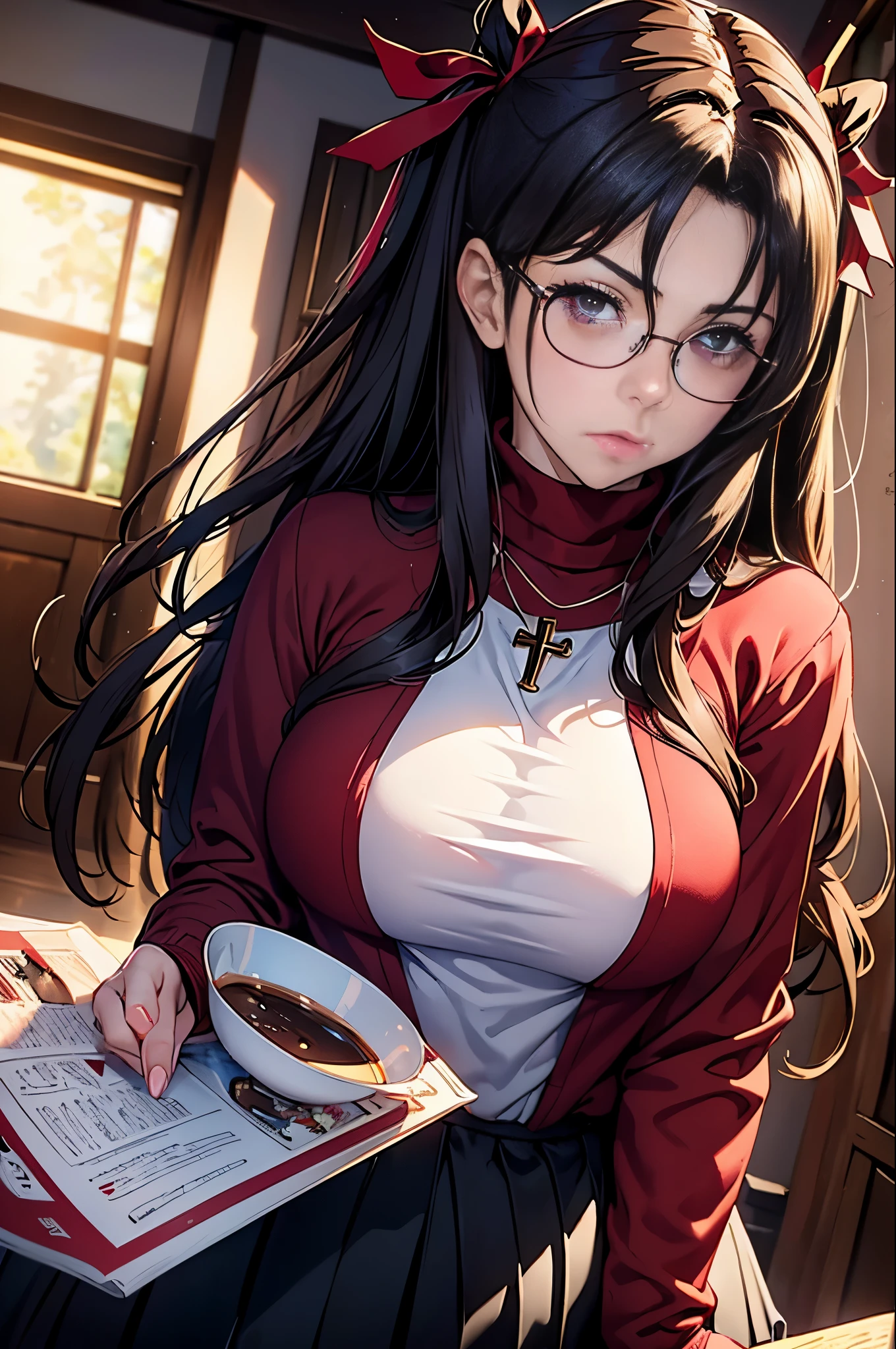 (masterpiece, best quality, hires, high resolution:1.2, 4k, 8k , high quality), extremely detailed, realistic, intricate details, highres, 1girl, solo, brown long hair, pink eyes, blush, (glasses:1.5), (large breasts, thick thighs, wide hips), arched back,(cinematic lighting, sunlight, perfect lighting, backlighting), eye-level shot, extreme close-up-shot, naughty look, looking at viewer,           rin_tohsaka_ecsta, tohsaka rin, hair ribbon, brown hair, pink eyes, black ribbon, red sweater, black skirt, cross necklace