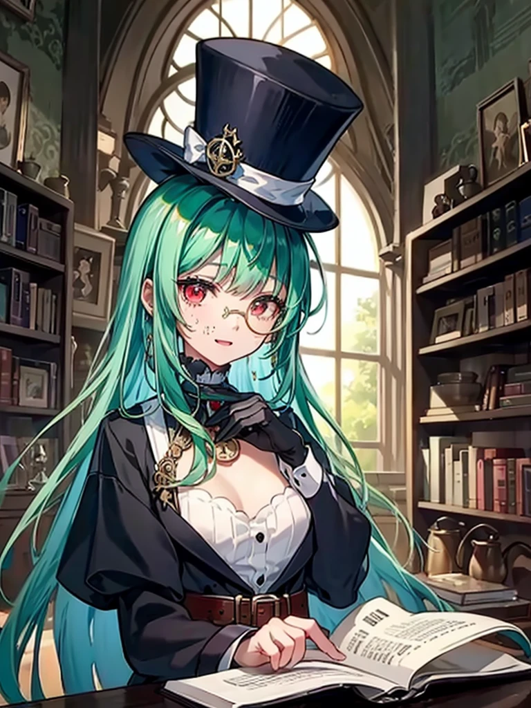 （（（masterpiece、Highest image quality、highest quality、highly detailed unity 8ｋwallpaper）））、（（Illustration of one girl、upper body））、（（（beautiful girl）））、（librarian）、（Emerald green hair、messy hair、sidelocks：1.2、red eyes、crazy smile）、（（（flat chest）））、（（（monocle）））、pocket watch、（（（Black top hat、Black tuxedo、belt）））、great medieval library、Large amount of books