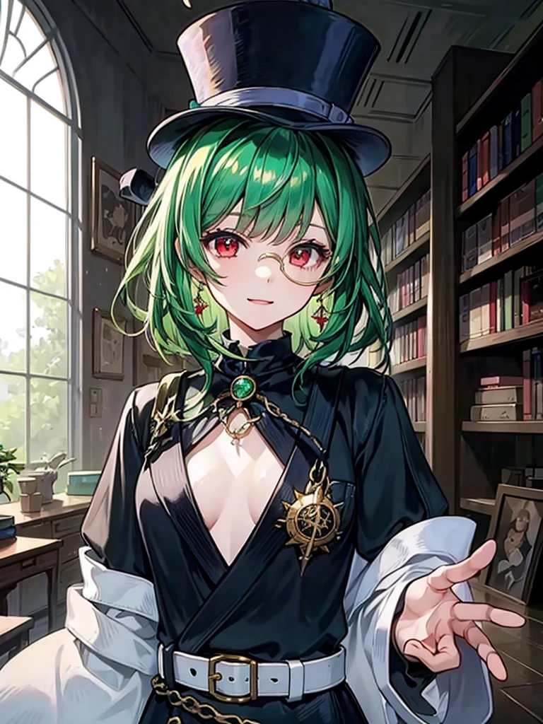 (((masterpiece、Highest image quality、highest quality、highly detailed unity 8kwallpaper)))、((Illustration of one girl、upper body))、(((beautiful girl)))、(librarian)、(Emerald green hair、messy hair、sidelocks:1.2、red eyes、crazy smile)、(((flat chest)))、(((monocle)))、pocket watch、(((Black top hat、Black tuxedo、belt)))、great medieval library、Large amount of books