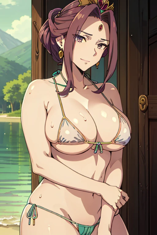 (masterpiece, best quality, high resolution, anime screencap, anime colored, 8k, photorealistic), Mirellia Q Melromarc, milf, wife, solo, brown hair, sad smile, (looking at viewer), huge breasts, cleavage, (white micro bikini:1.5), Curvey, cowboy shot, (lake, wet), (perfect detailed anatomy, beautiful detailed face&eyes:1.5, shiny skin, perfect sharp body)