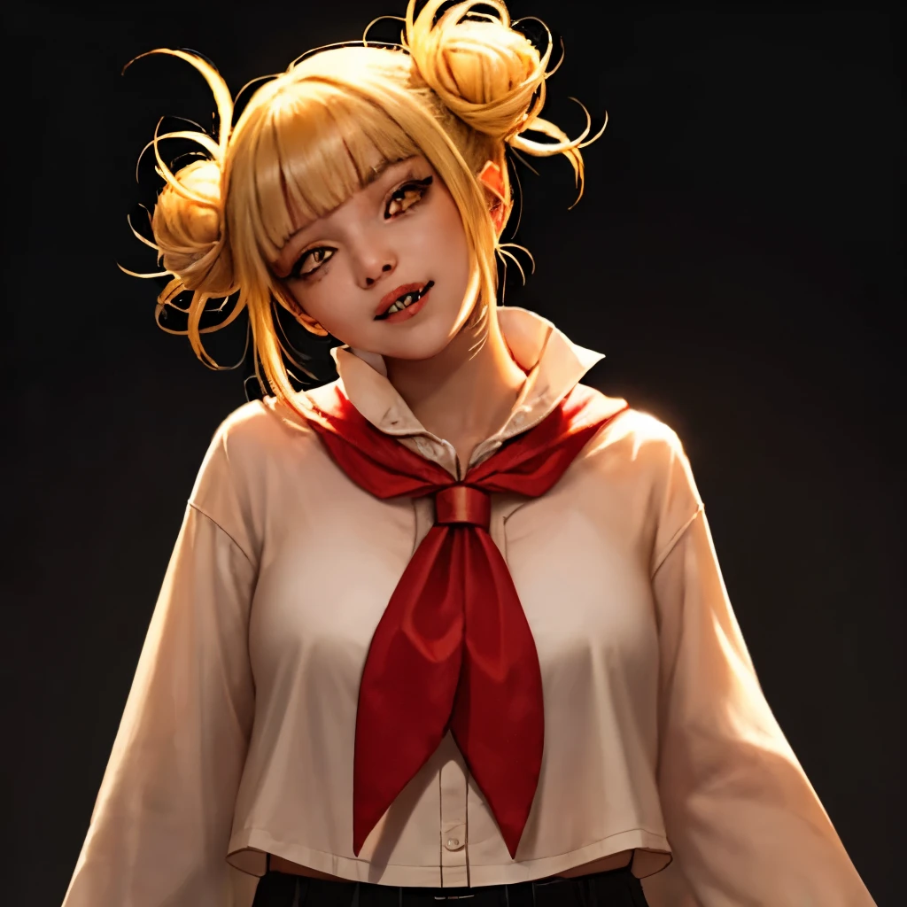 (full body shot, full body:1.2), woman, himiko toga, (blonde hair:1.2),asian, caucasian, blunt bangs, bleached hair, double bun, eyebrows hidden by hair, eyeliner, hair bun, makeup, messy hair, (yellow eyes), fangs, narrow eyes, realistic, detailed face, girl, high detailed skin,skin pores, 8k uhd,dslr,soft lighting,high quality,Fujifilm XT3, (pleated skirt:1.0), fangs, (head tilt:1.2), 1girl,, (yellow caridan), long sleeves, (bright red neckerchief:1.2), socks, (fangs:1)