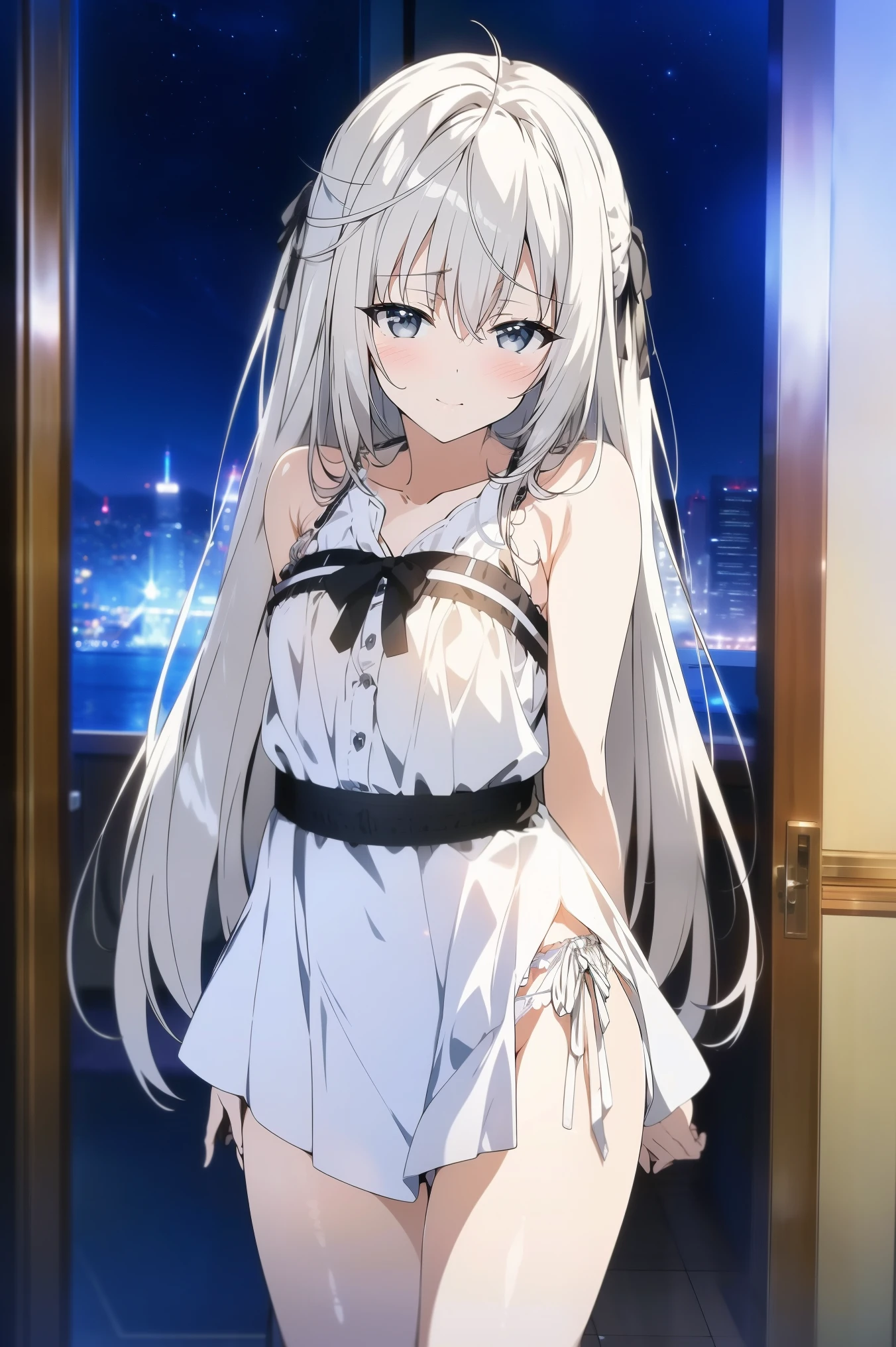 highest quality, Highly detailed CG Unity 8K wallpaper, y 、white hair、sora、small bresexy Pose, room(home), blush, happy face, bare sholders, sexy and shoright-grown, sexy white pantishowing